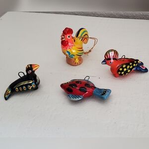 Vintage 4 Miniature Handmade+Painted FolkArt Tonala Pottery Ornaments, EUC
